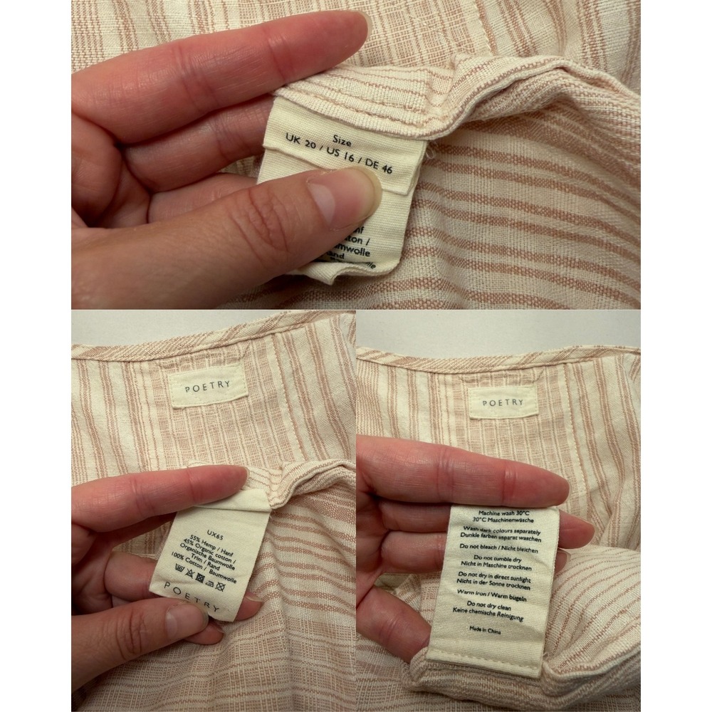 Poetry Hemp Organic Cotton Striped Midi Dress 16 Pink Beige Pockets Relaxed - Picture 7 of 8